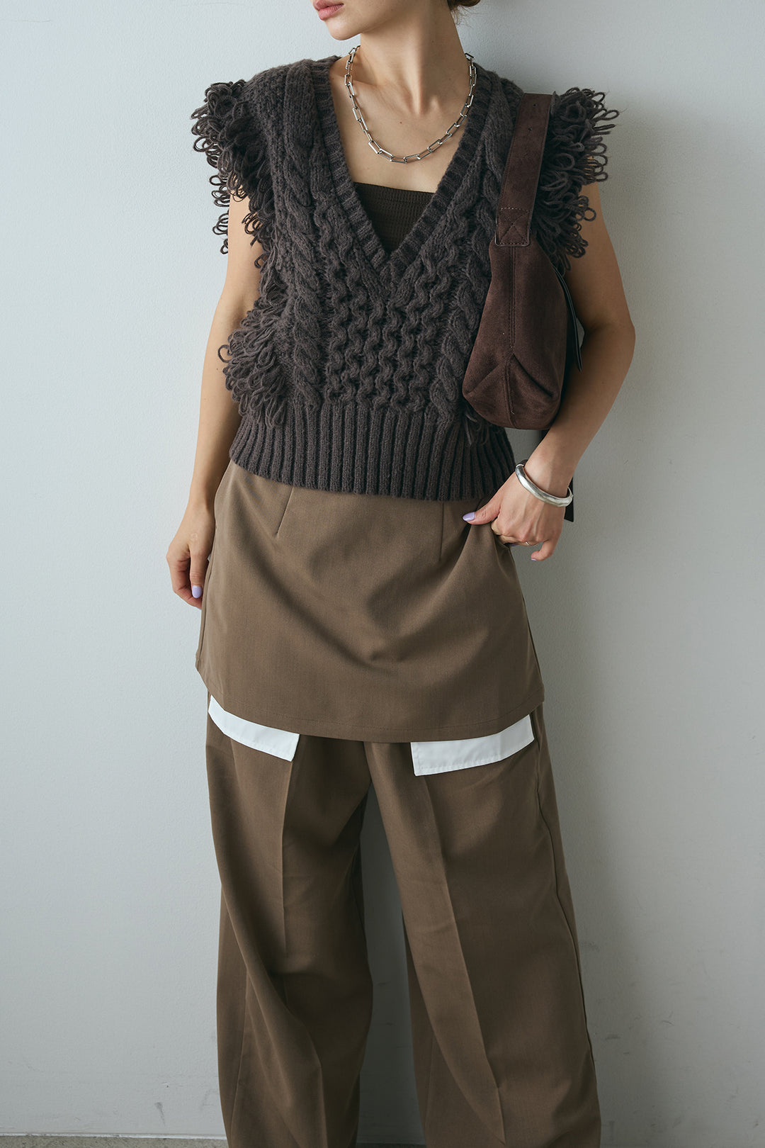 [SET]Vネックループフリンジニットベスト+ストレートパンツ＆ミニスカートセット(2set)