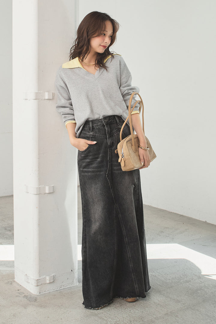 [SET]バイカラーニットレイヤード風プルオーバー+Aラインデニムスカート(2set)