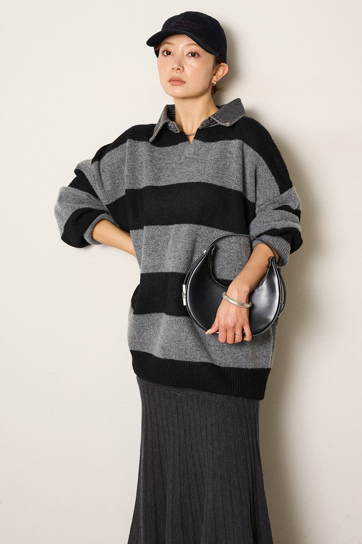 [SET]デニムカラーボーダールーズニット+編み地切り替えフレアニットスカート(2set)