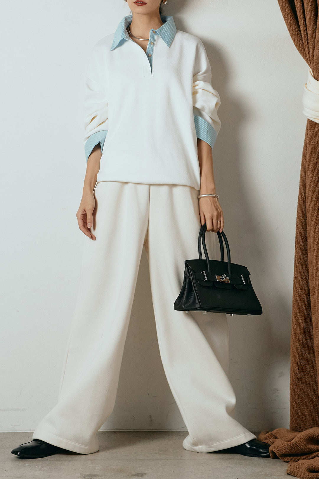 [SET]ストライプシャツドッキングポロトップス+裏起毛スウェットワイドパンツ(2set)