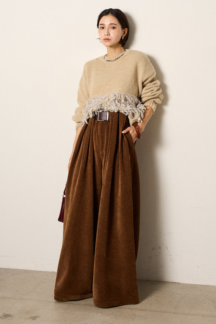[SET]ループ編み切り替えニットプルオーバー+ベルトループコーデュロイワイドパンツ(2set)