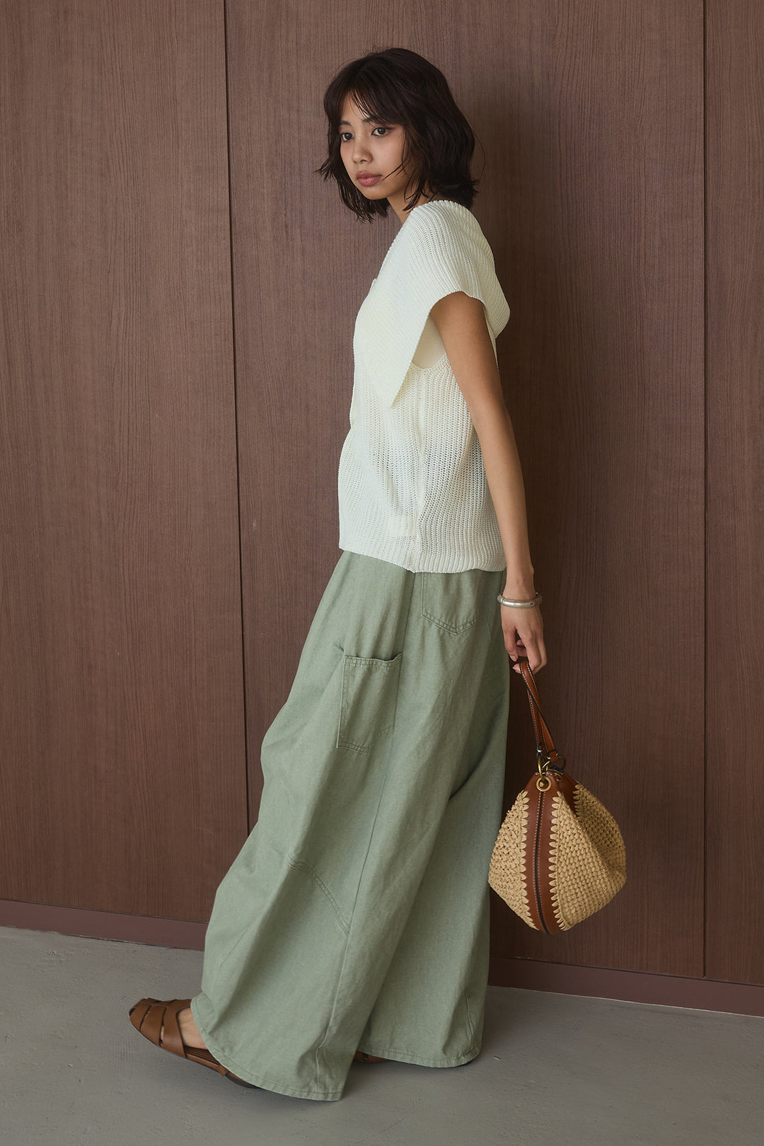 [SET]ビッグカラーボタンニットトップス+ベルト付きカラーデニムパンツ(2set)