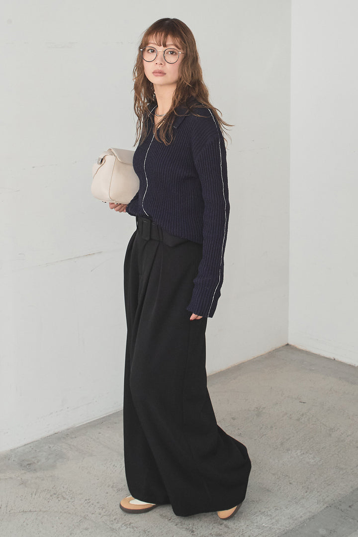 [SET]衿付きニットプルオーバー+ベルト付きツータックワイドパンツ(2set)