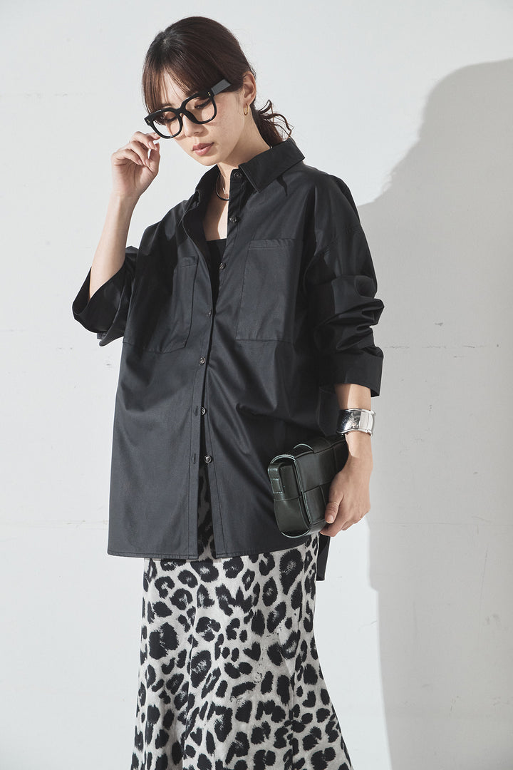 [SET]ウォッシャブルエコレザービックカフスシャツ+レオパードサテンナロースカート(2set)