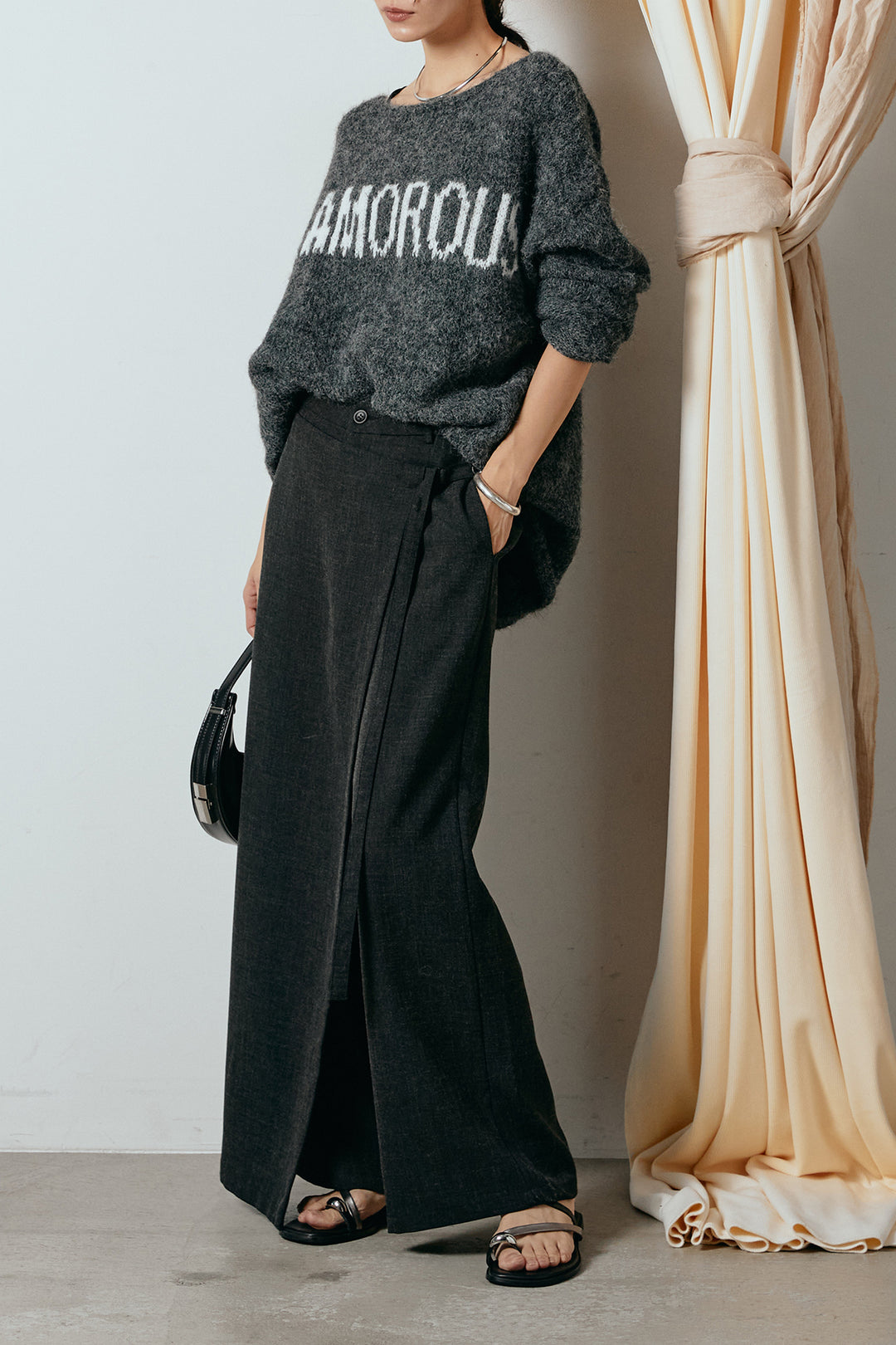 [SET]フロントロゴデザインニットトップス+ラップ巻きワイドスラックス(2set)