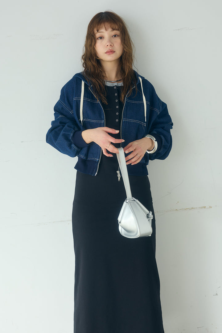 [SET]デニムダブルジップパーカーブルゾン+レイヤード見えヘンリーネックロングワンピース(2set)
