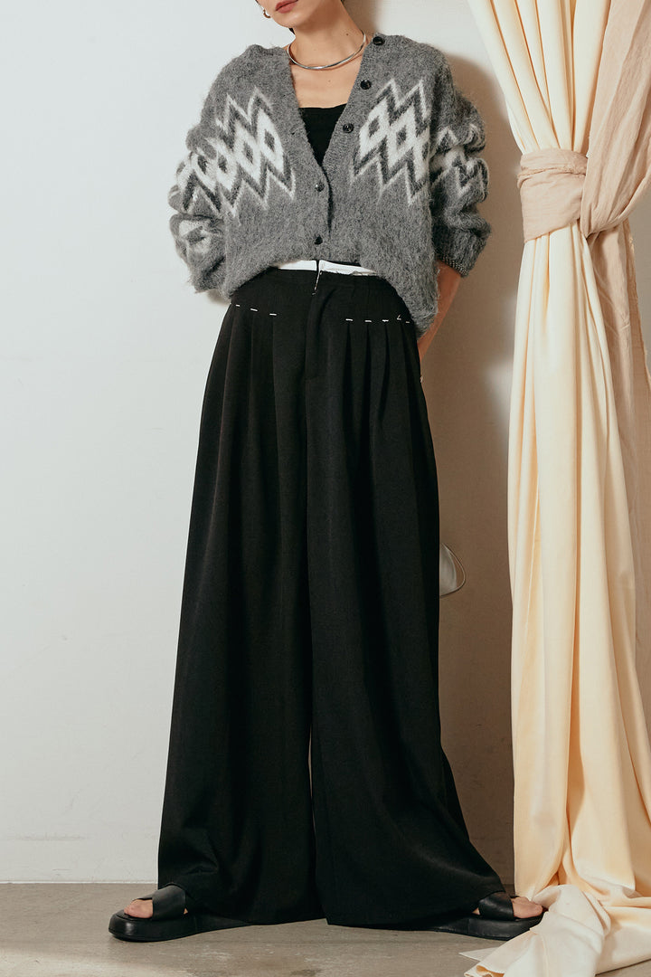 [SET]起毛ノルディック柄ニットカーディガン+ウエストステッチデザインワイドスラックス(2set)