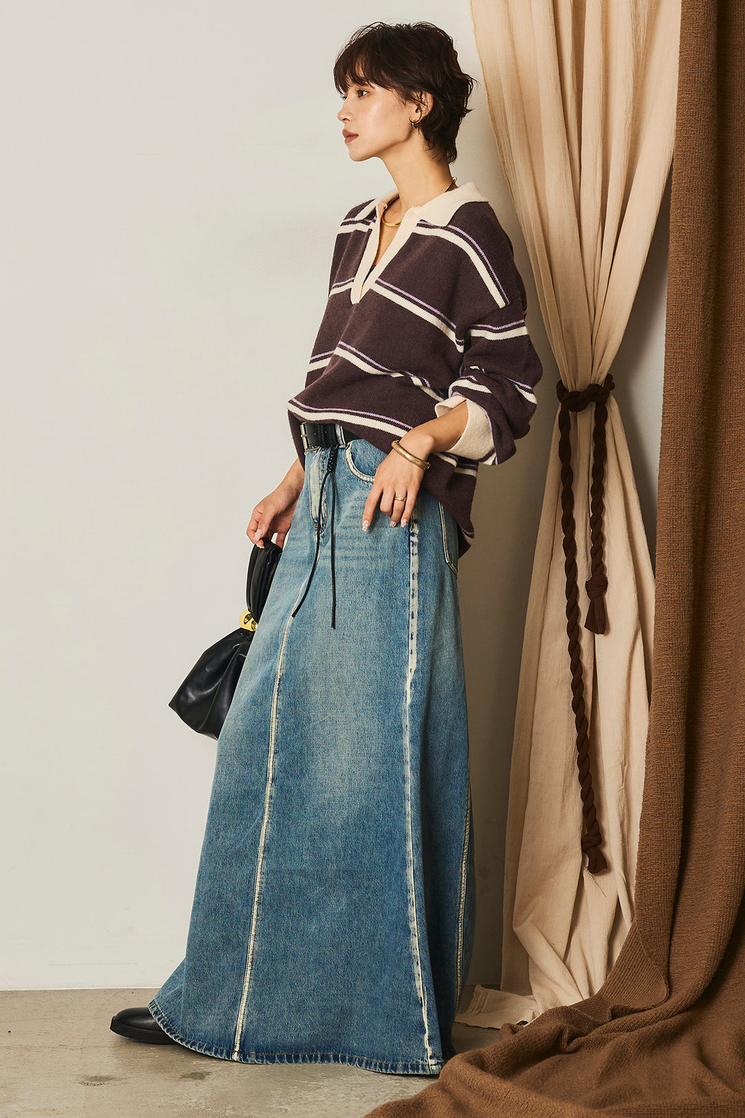 【即納】フェイクレザー太ベルト付きデニムワイドスカート