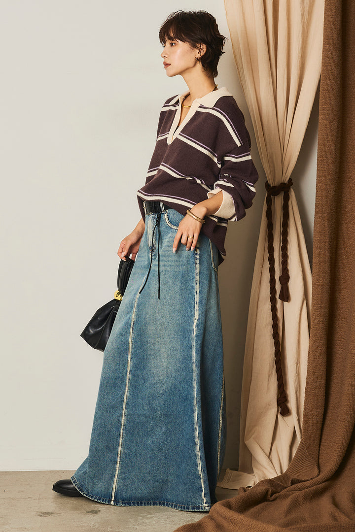 【即納】フェイクレザー太ベルト付きデニムワイドスカート
