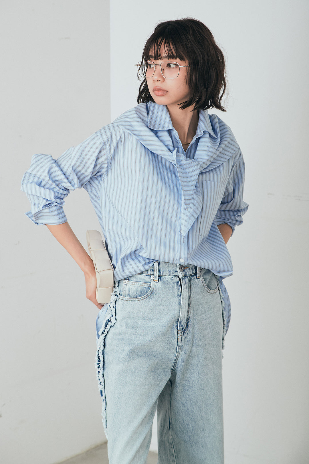 [SET]ランダムストライプスカーフ付きシャツ+デニムサイドフリルパンツ(2set)