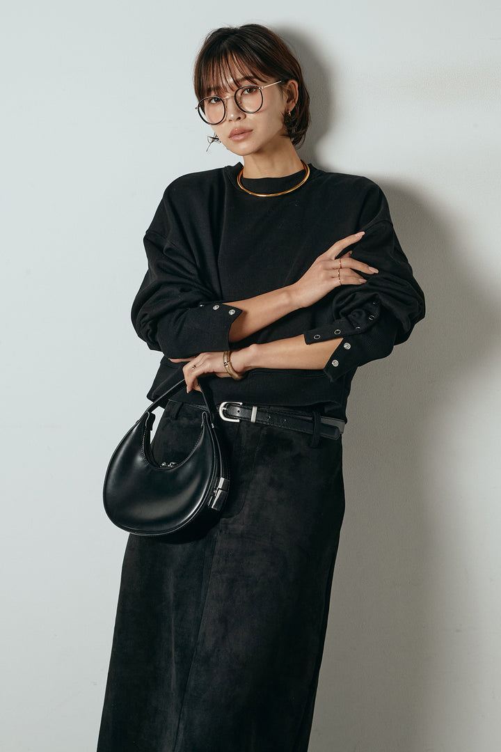 [SET]裏毛バックオープンプルオーバー+エコスウェードワイドスカート+ストレッチレースクルーネックインナー(3set)