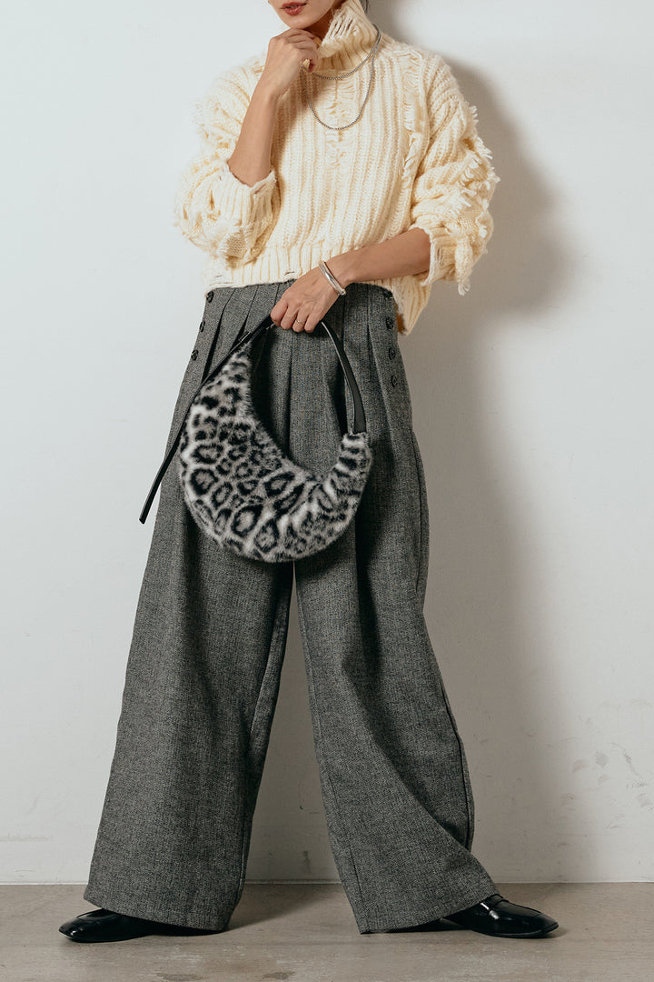 [SET]フリンジタートルショートニット+サイドボタンツイードタックパンツ(2set)