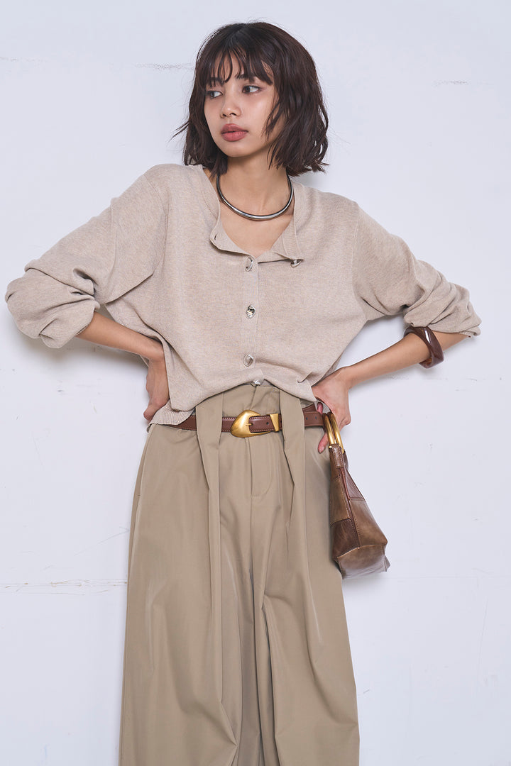 [SET]リサイクルポリニュアンス釦カーデ+ベルトループデザインハイウエストタックパンツ(2set)