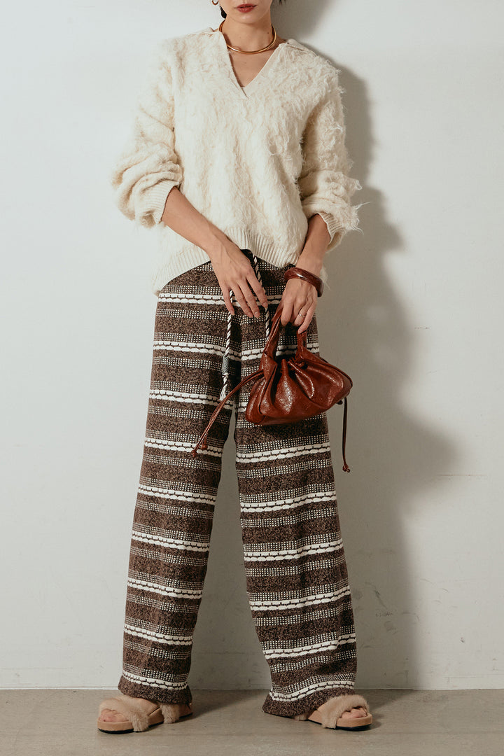 [SET]襟付きシャギーニットポロトップス+マルチライン柄リラックスニットパンツ(2set)