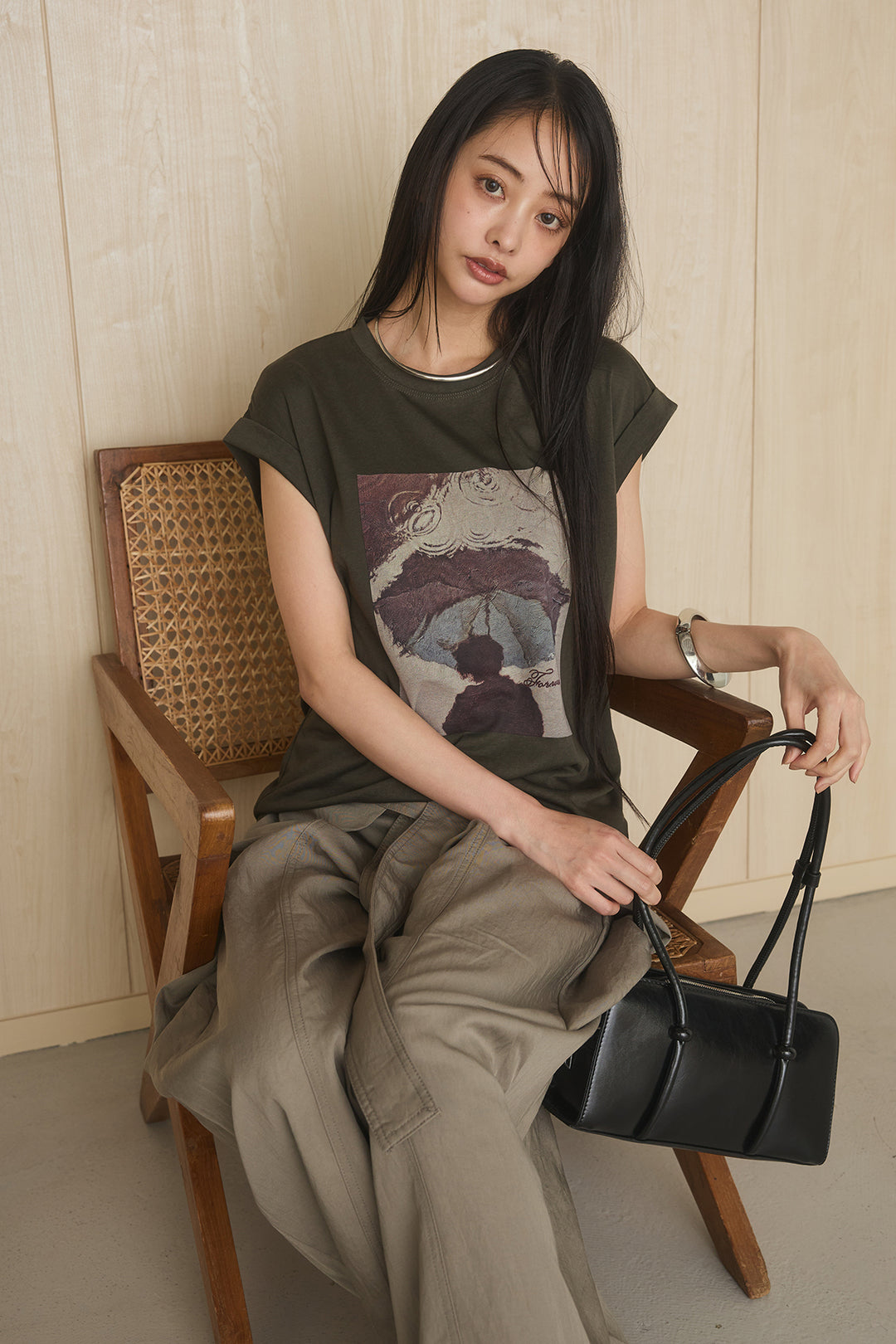 [SET]スクエアニュアンス柄Tシャツ+前結びタックワイドパンツ(2set)