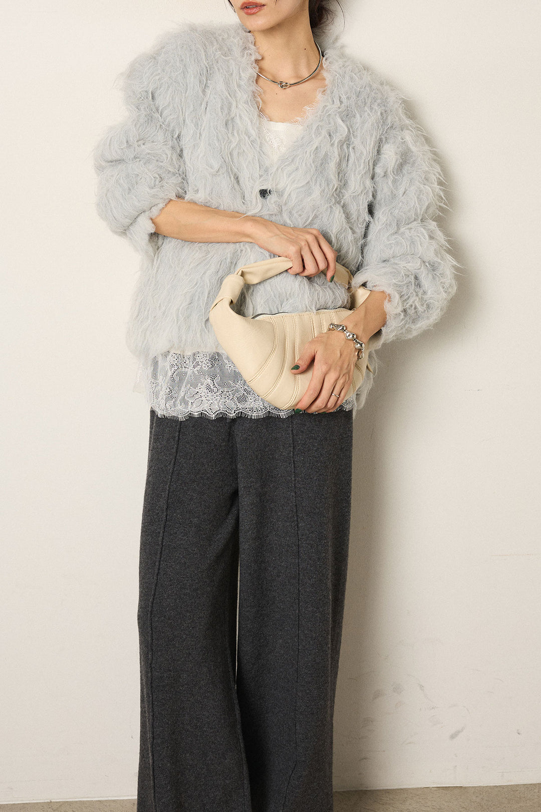 [SET]起毛シャギーニットカーディガン+レース切り替えキャミソール(2set)