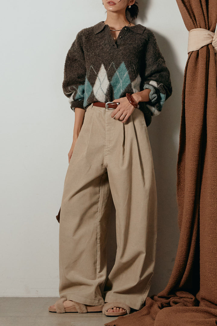 [SET]アーガイル柄ポロニットトップス+フロントタック入りコーデュロイパンツ(2set)