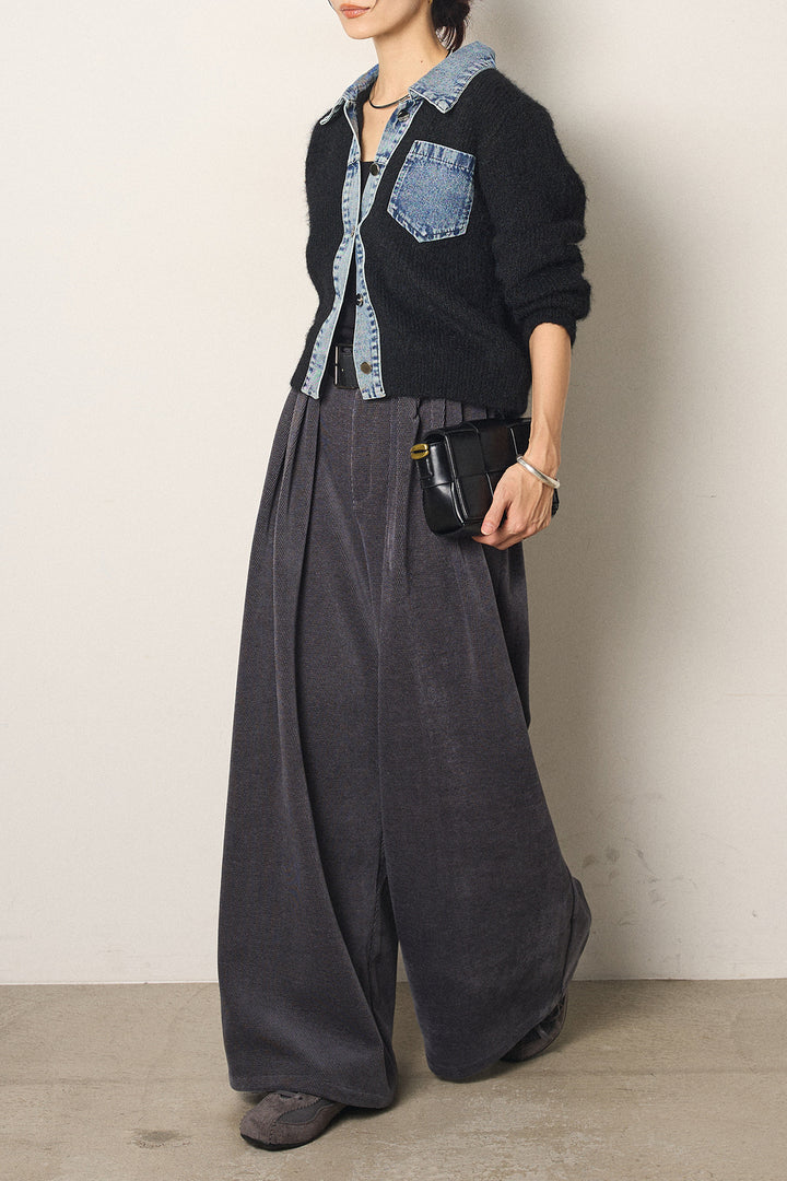 [SET]襟付きデニム切替ニットカーディガン+ベルトループコーデュロイワイドパンツ(2set)