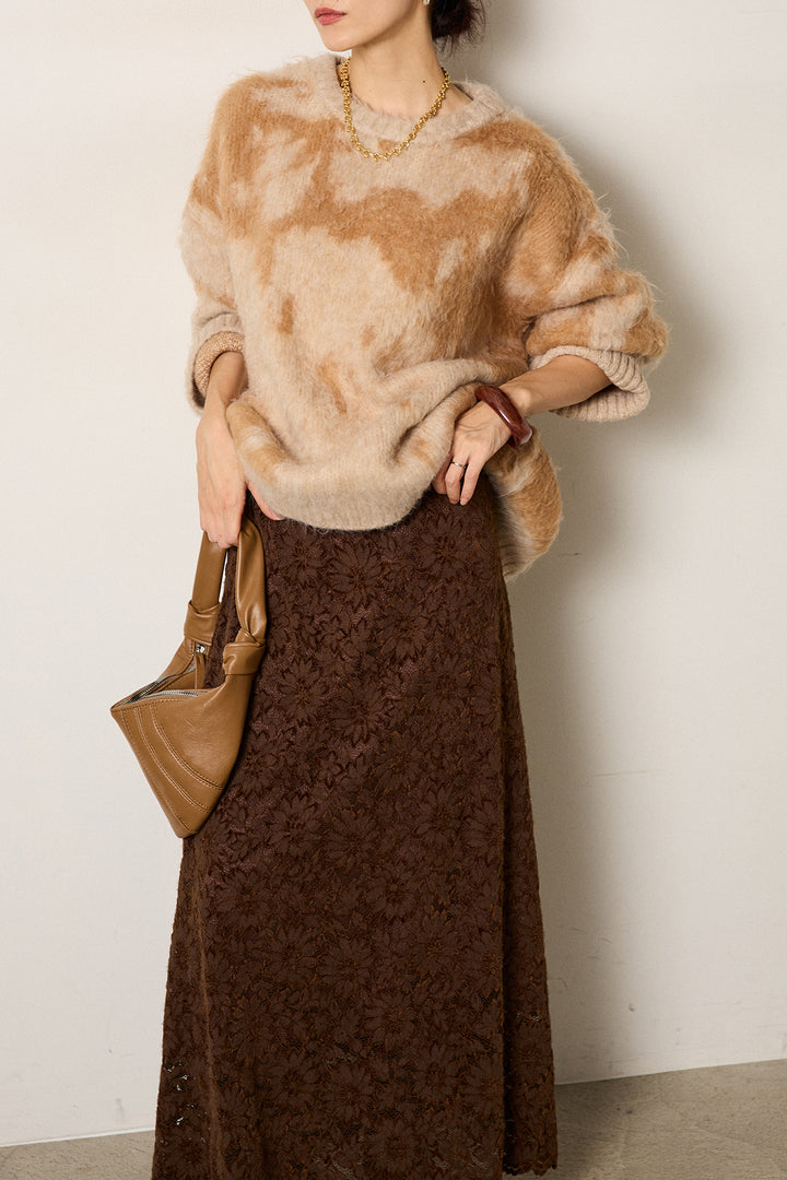 [SET]モヘアタッチマーブルニット+花柄刺繍ベロアフレアスカート(2set)