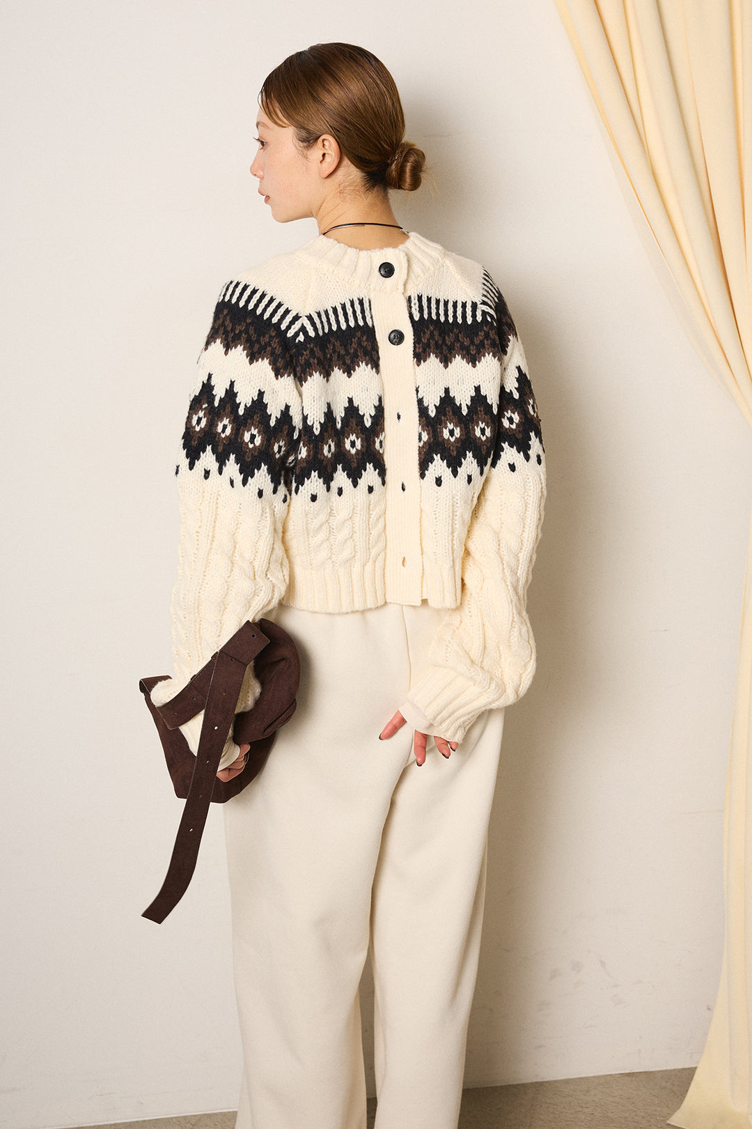 [SET]2WAY求心柄ジャガードショートカーディガン+裏起毛スウェットワイドパンツ+2WAY袖コード刺繍クルーネックプルオーバー(3set)