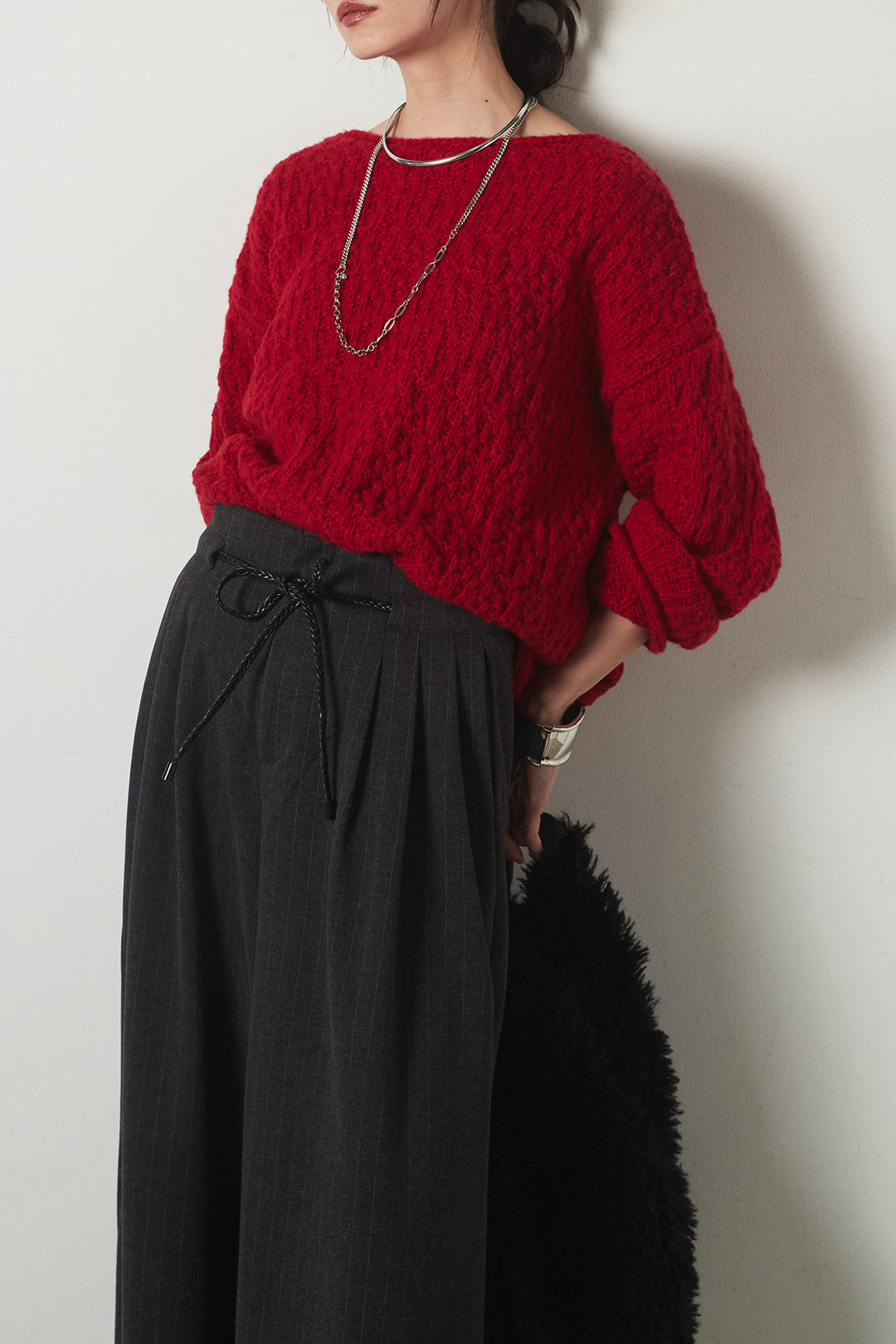 [SET]ボリューム編みニットプルオーバー+編みベルト付きピンストライプワイドパンツ(2set)