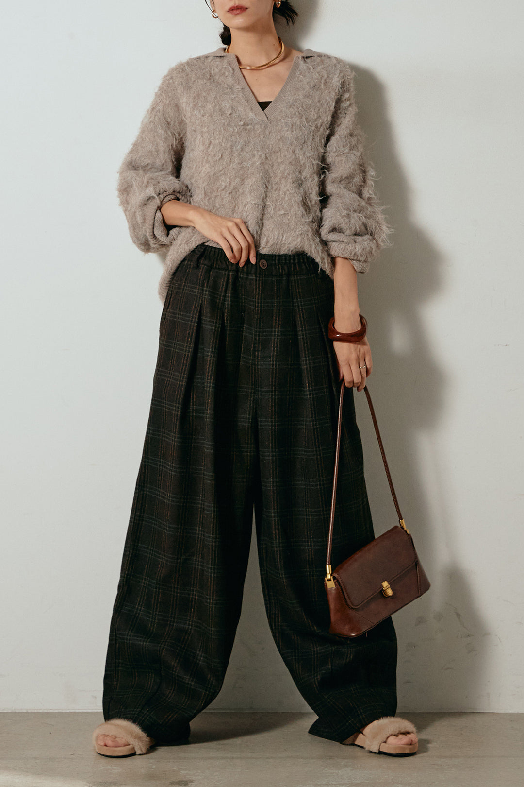 [SET]襟付きシャギーニットポロトップス+タータンチェック柄タックパンツ(2set)