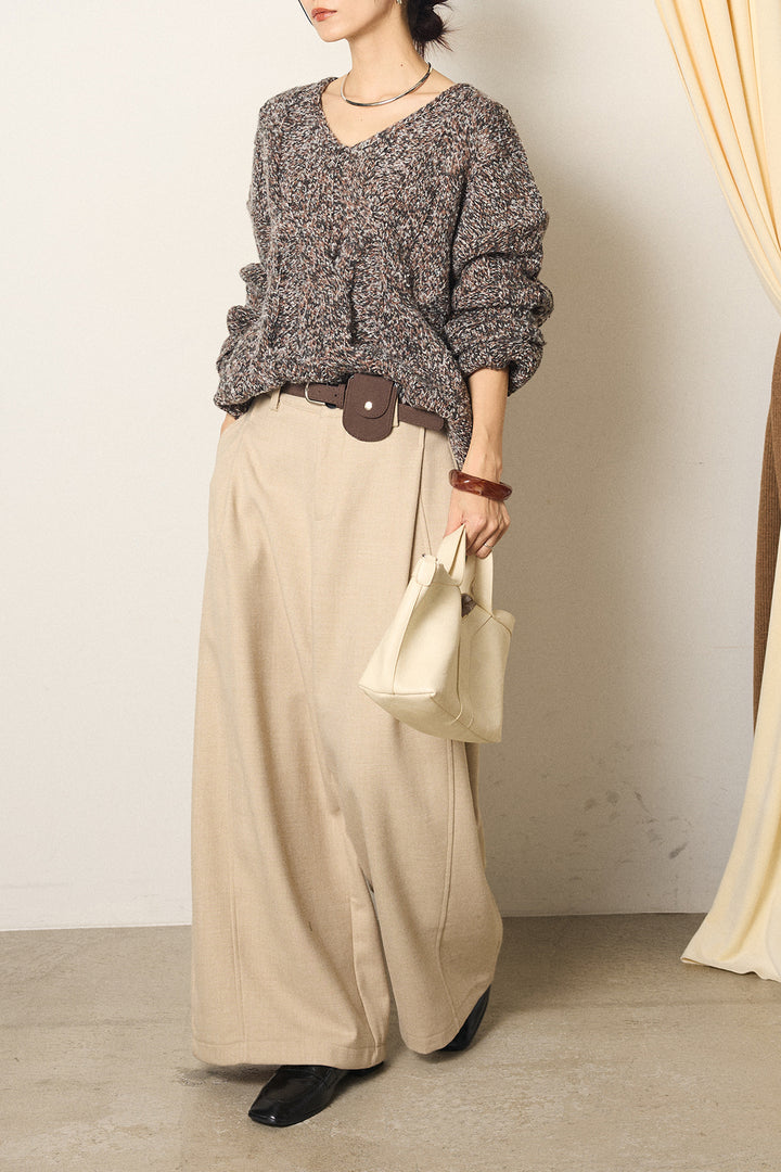 [SET]Vネックミックス編みニットトップス+ポーチベルト付きカーブパンツ(2set)