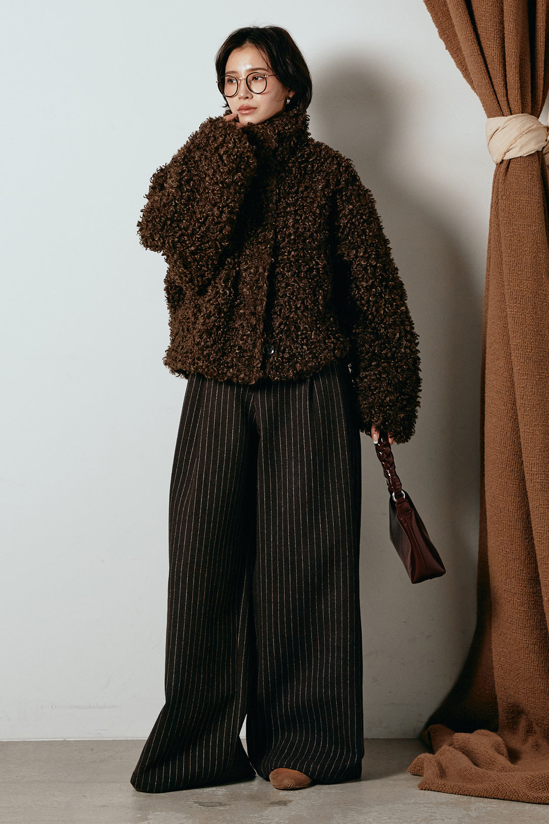 [SET]プードルファーミドルジャケット+ウールライクストライプパンツ(2set)