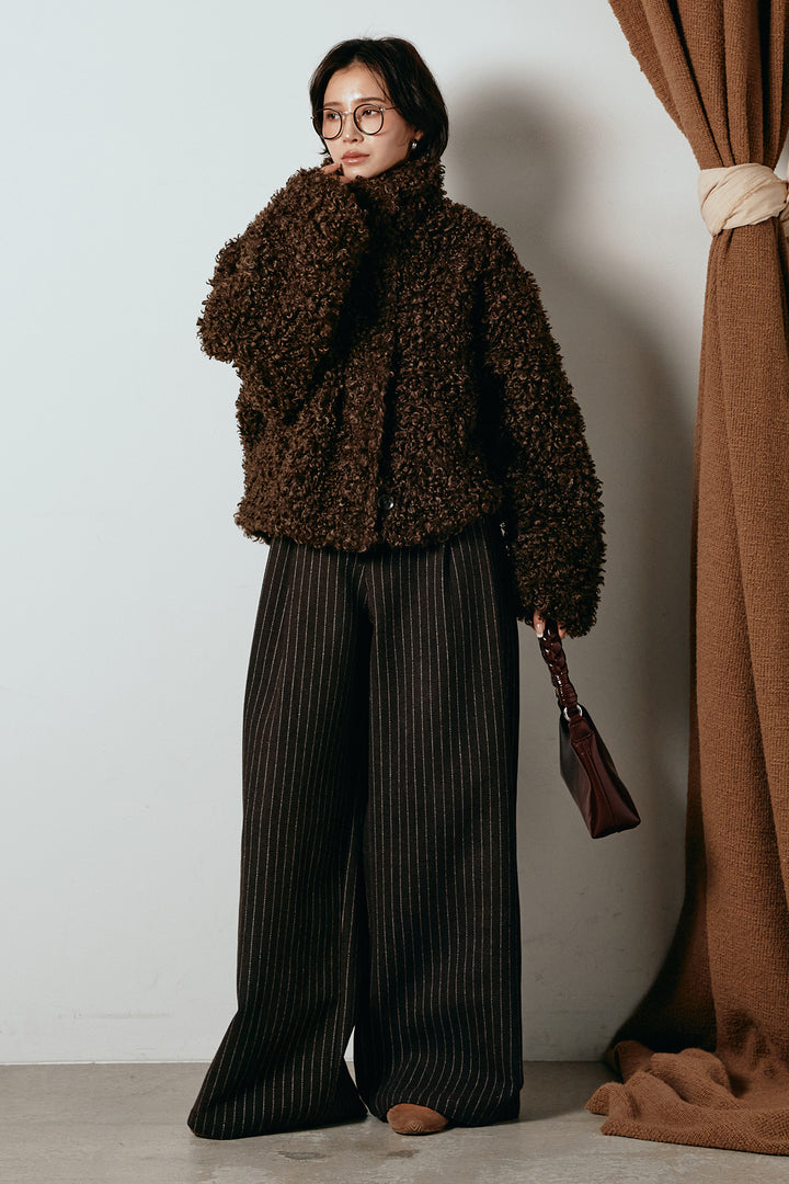 [SET]プードルファーミドルジャケット+ウールライクストライプパンツ(2set)