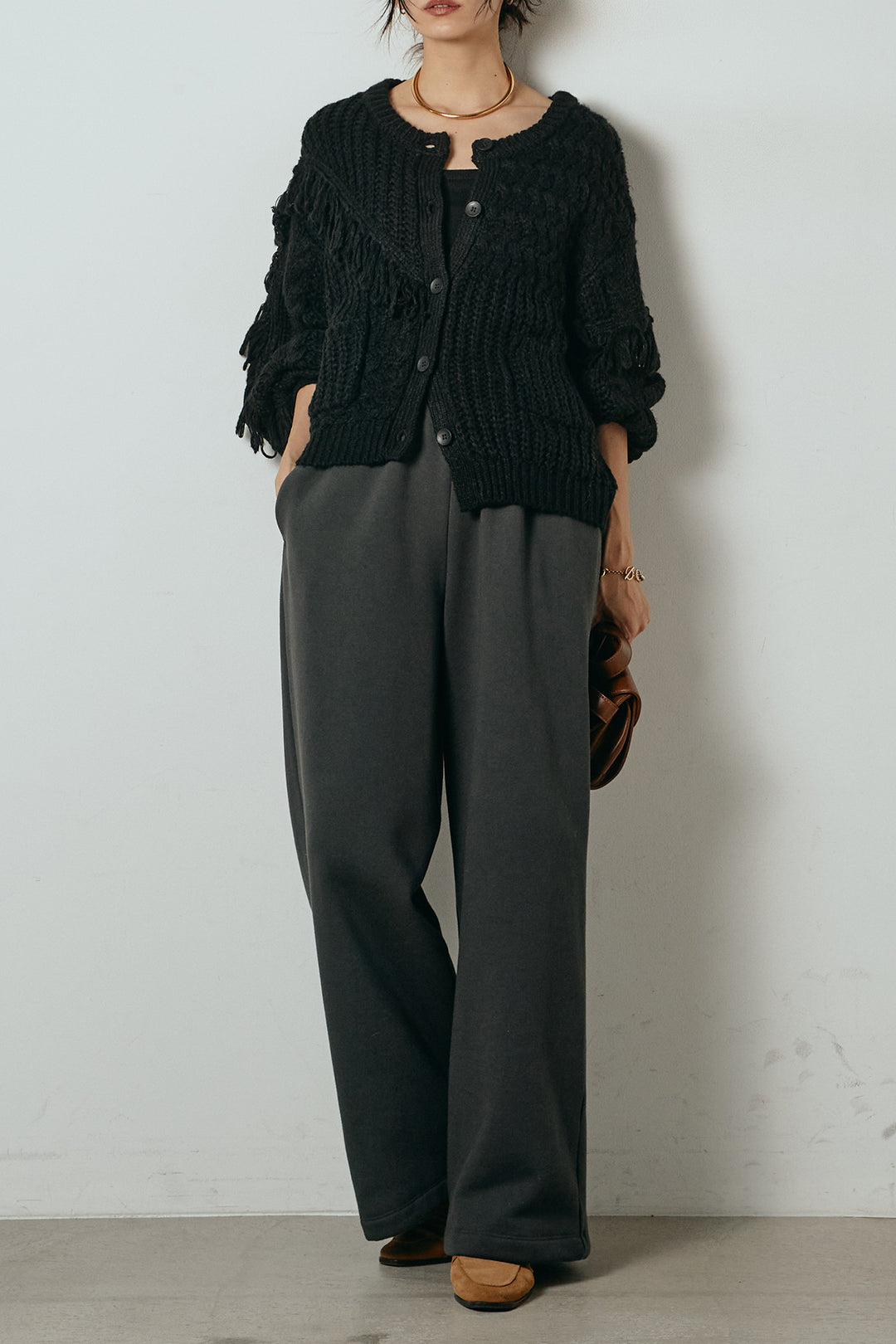 [SET]ランダムフリンジニットカーディガン+裏起毛スウェットワイドパンツ(2set)
