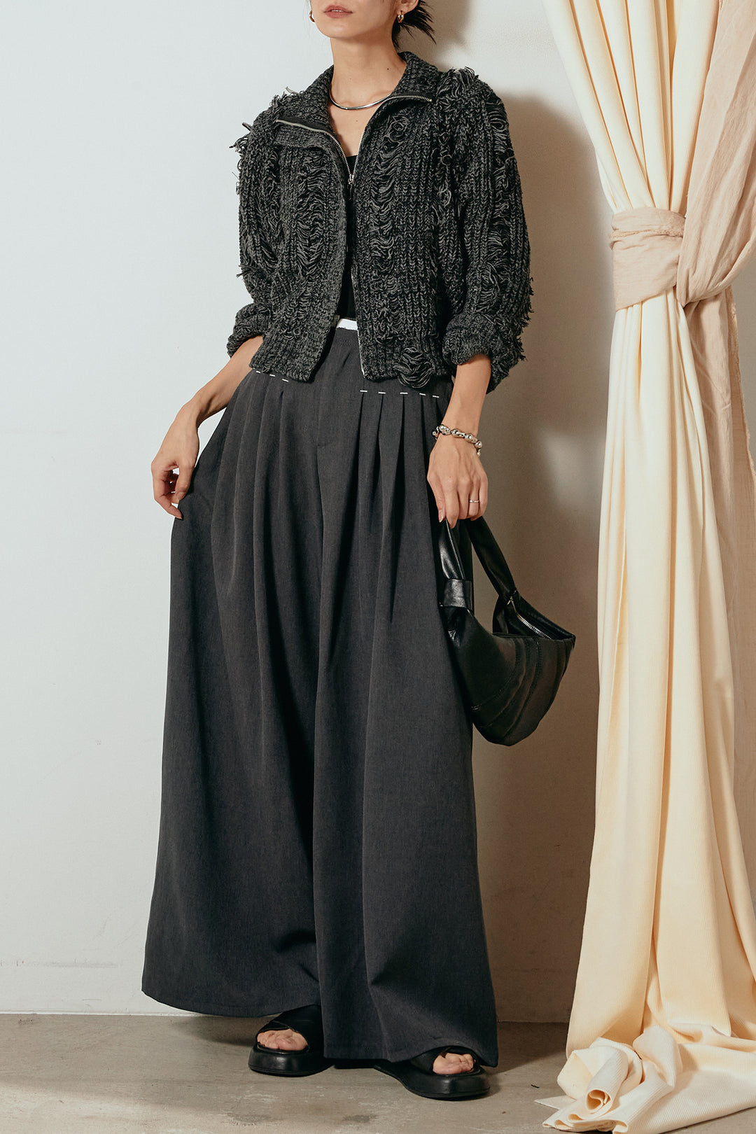 [SET]ハイネックフリンジジップニットトップス+ウエストステッチデザインワイドスラックス(2set)