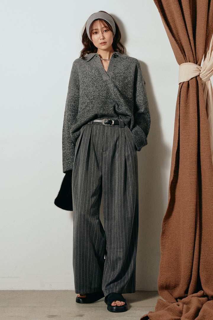 [SET]グラデーションラメニットキーネックプルオーバー+ストライプヘリンボーンパンツ(2set)