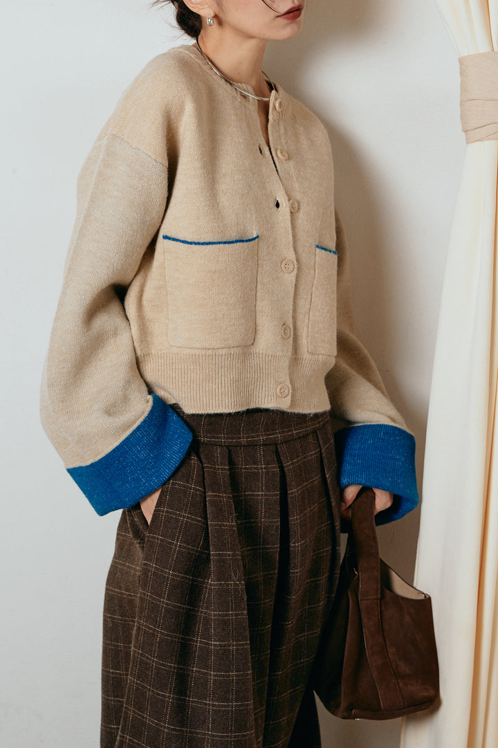 [SET]アルパカタッチダブルフェイスカーディガン+ウールライクチェックタックパンツ(2set)