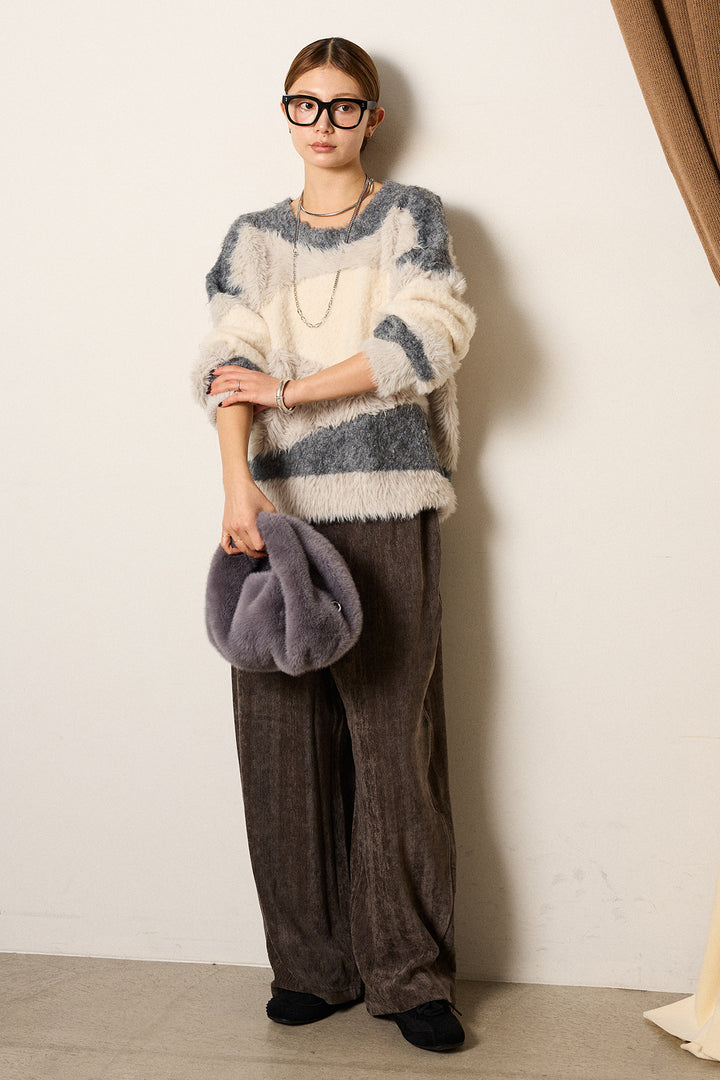 [SET]シャギーウェーブ柄クルーネックニットトップス+かすれデザインワイドパンツ(2set)