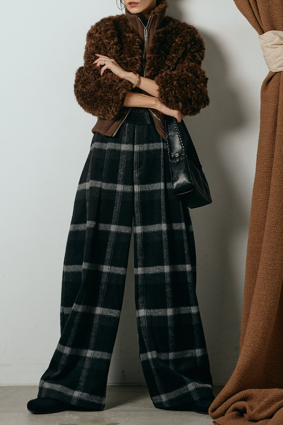 [SET]ハイネックショート丈ボアジップブルゾン+起毛タータンチェック柄ワイドパンツ(2set)