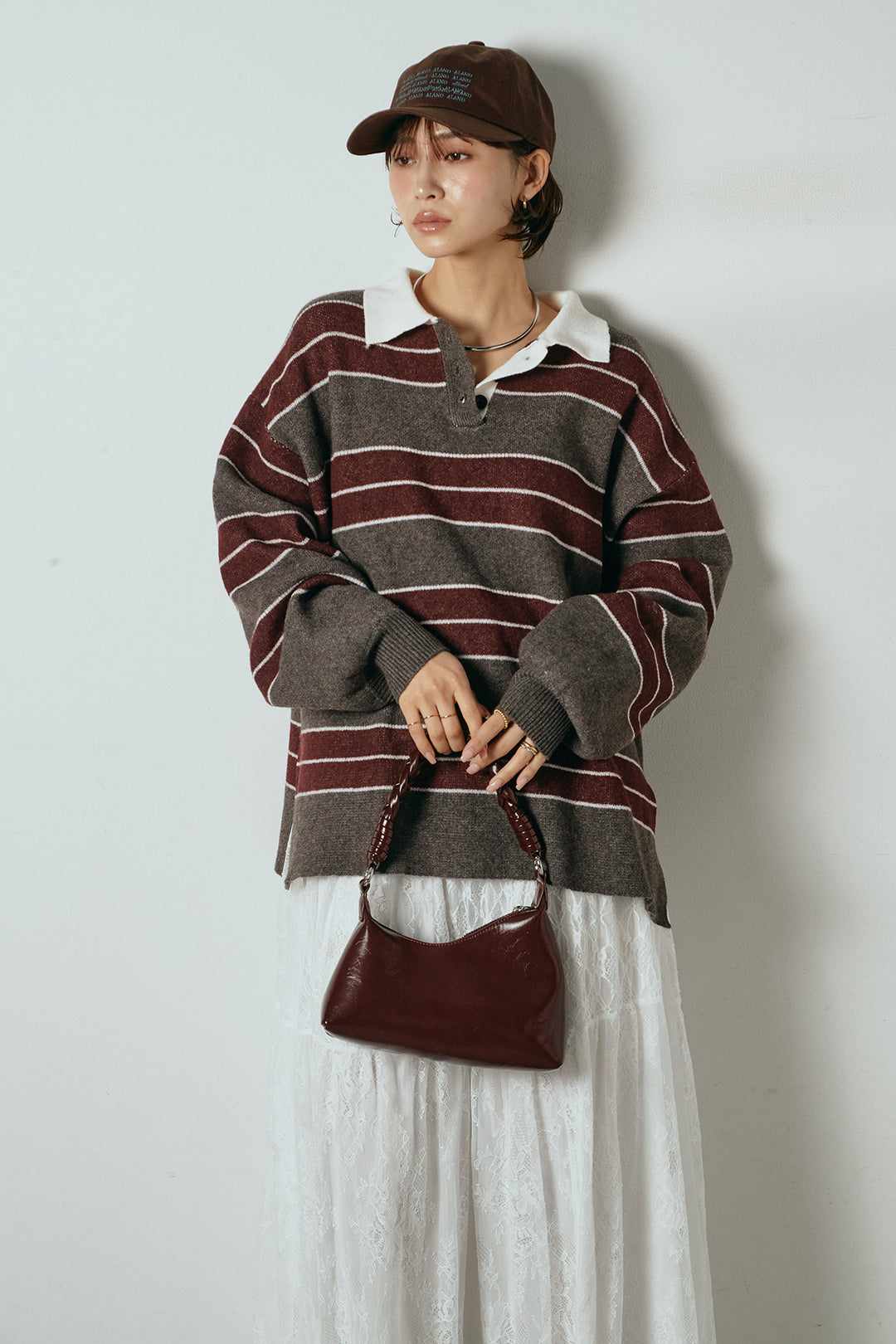 [SET]ラガーニットボーダーポロプルオーバー+ひげレース切替ロング丈スカート(2set)