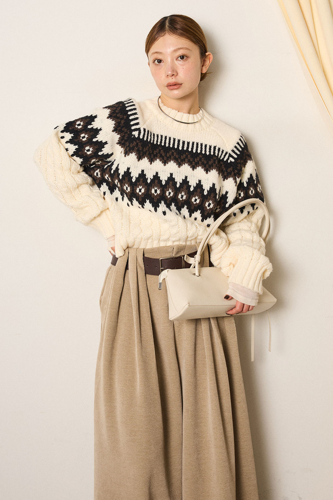 [SET]2WAY求心柄ジャガードショートカーディガン+2WAY袖コード刺繍クルーネックプルオーバー(2set)