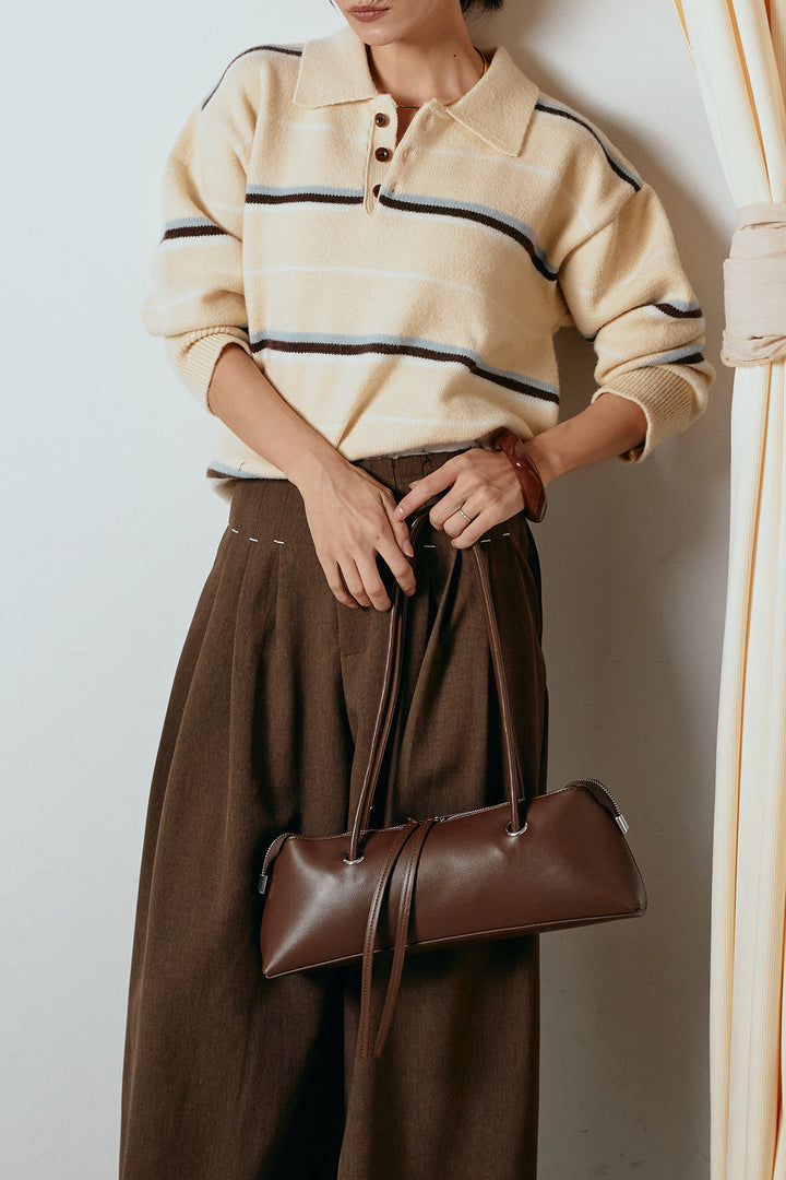 [SET]襟付きマルチボーダーニットポロトップス+ウエストステッチデザインワイドスラックス(2set)