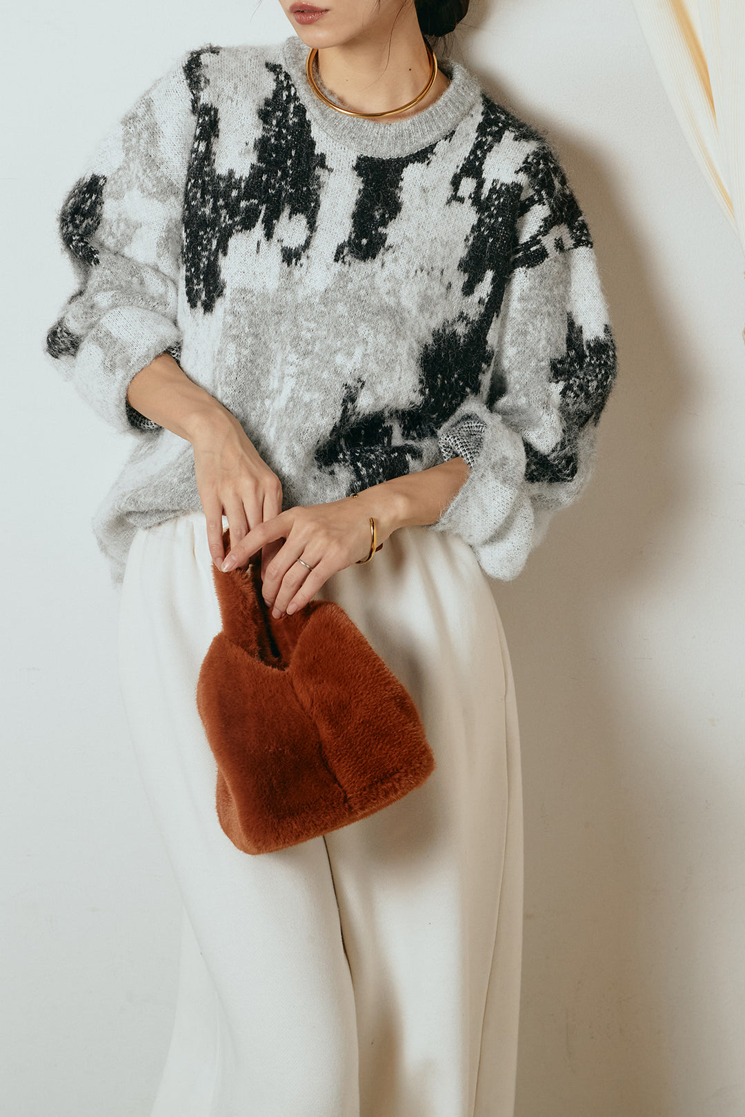 [SET]起毛ニュアンス柄ニットプルオーバー+裏起毛スウェットワイドパンツ(2set)