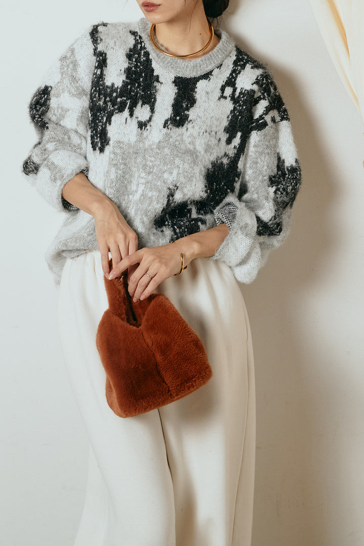 [SET]起毛ニュアンス柄ニットプルオーバー+裏起毛スウェットワイドパンツ(2set)