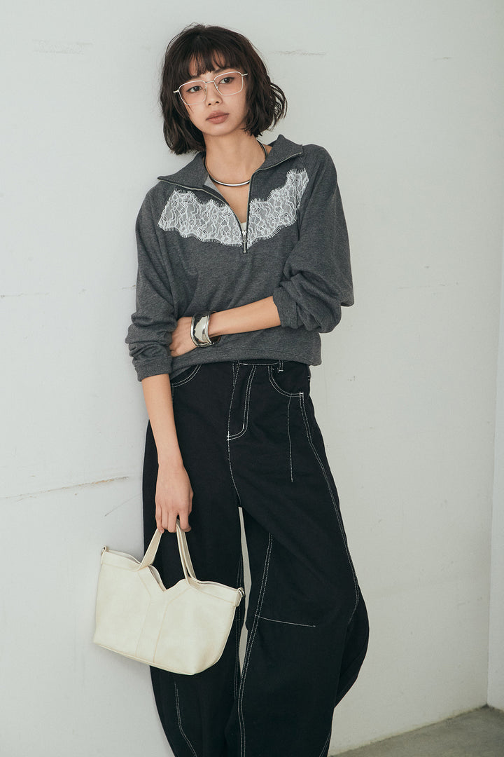 [SET]リバーレースハーフジップ裏毛スウェット+ツイル配色ステッチバレルパンツ(2set)