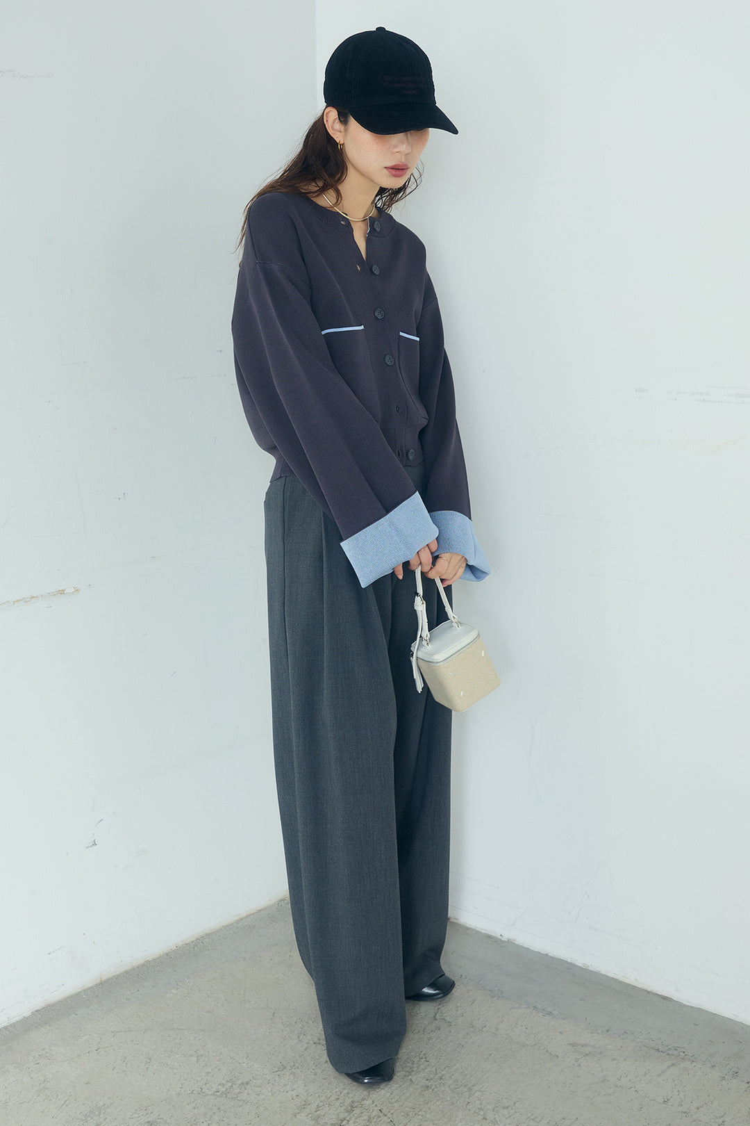 [SET]レーヨンポリダブルフェイスカーディガン+サイドベルトタック入りスラックス(2set)