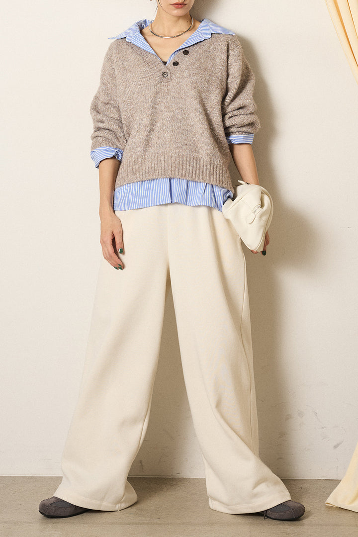 [SET]ストライプシャツドッキングニットポロトップス+裏起毛スウェットワイドパンツ(2set)