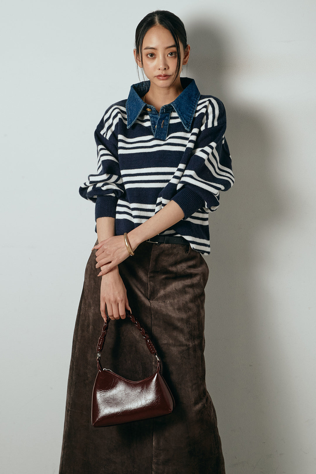 [SET]デニムレイヤード風ランダムボーダーニットプルオーバー+エコスウェードワイドスカート(2set)