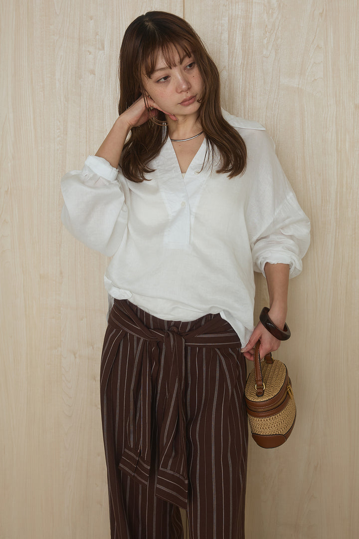 [SET]襟付きボタンブラウス+ウエスト巻きピンストライプパンツ(2set)