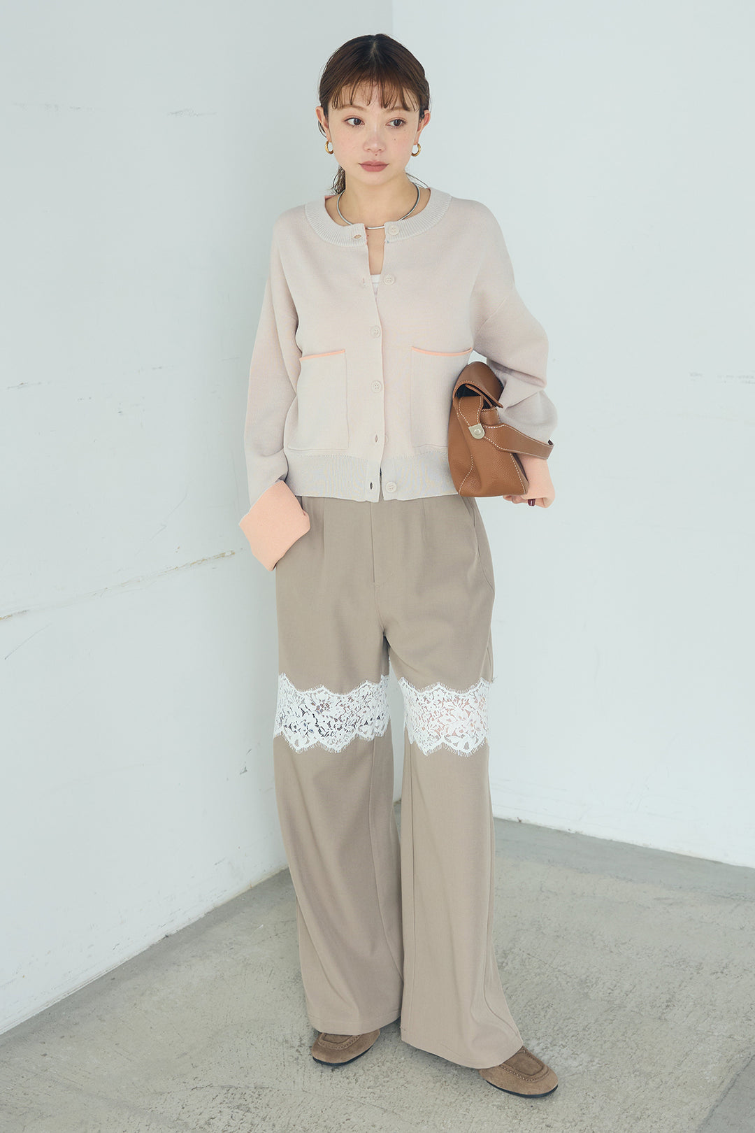 [SET]レーヨンポリダブルフェイスカーディガン+レース刺繍切替ワイドパンツ(2set)