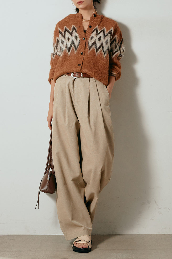 [SET]起毛ノルディック柄ニットカーディガン+フロントタック入りコーデュロイパンツ(2set)