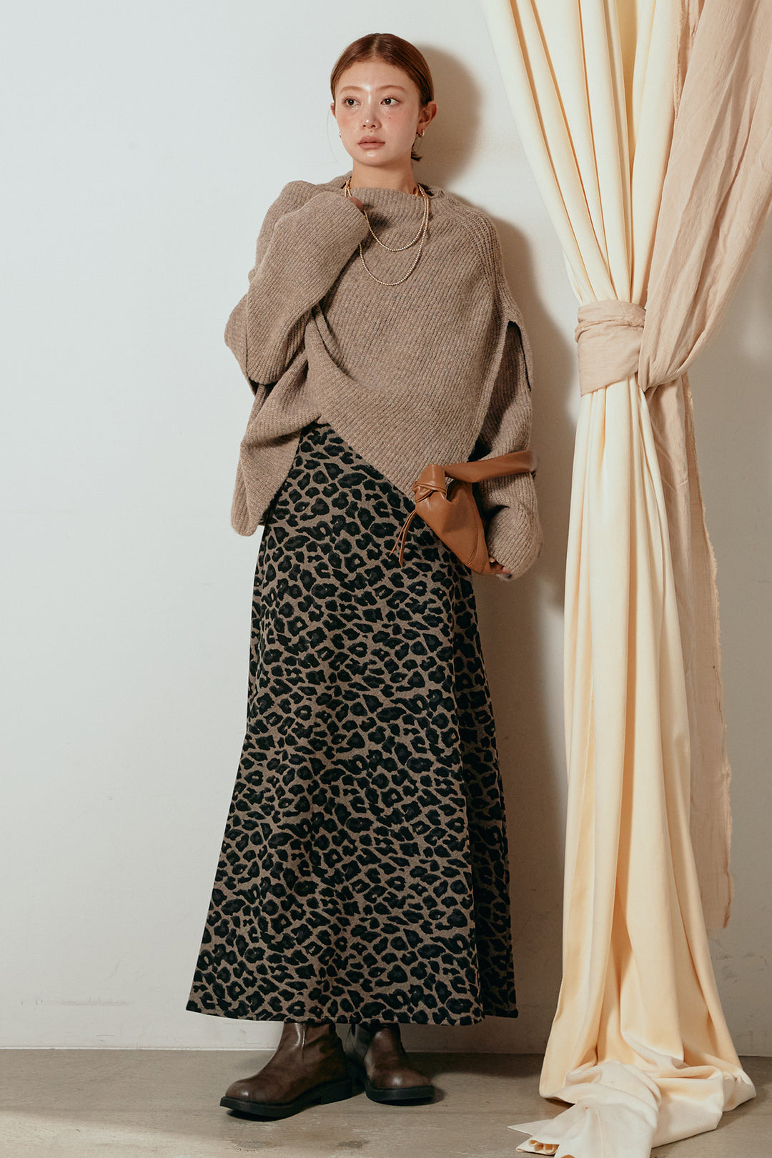 [SET]ケープデザインリブニットトップス+レオパードロングスカート(2set)