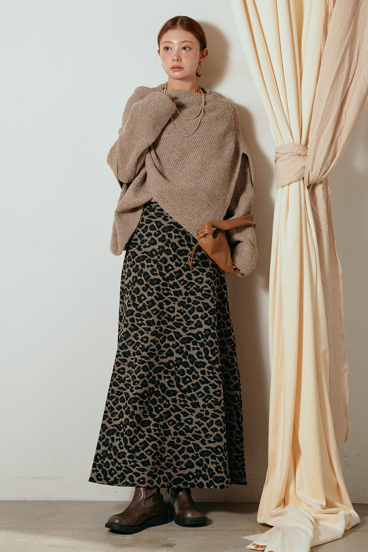 [SET]ケープデザインリブニットトップス+レオパードロングスカート(2set)