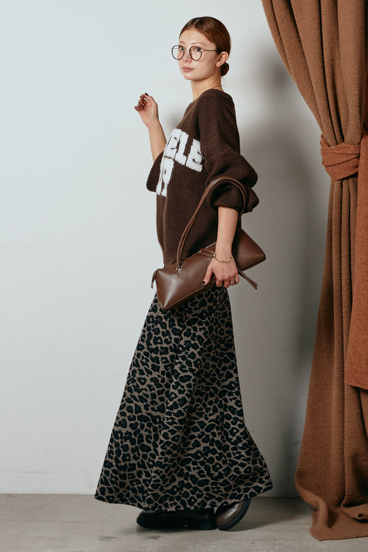 [SET]ロゴジャガードニットトップス+レオパードロングスカート(2set)